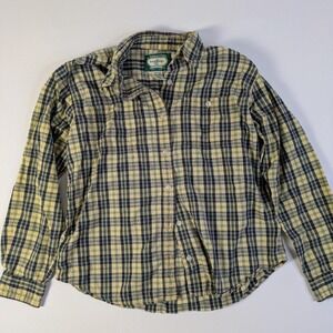 Vtg Plaid Button Down Top Yellow Green M Granola Girl Cotton